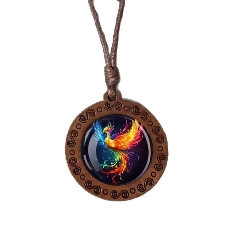 Rainbow Fire Phoenix Wooden Pendant Necklace – Unisex Adjustable Cord, Mythical Bird Wood Jewelry, Perfect Gift for Men & Women